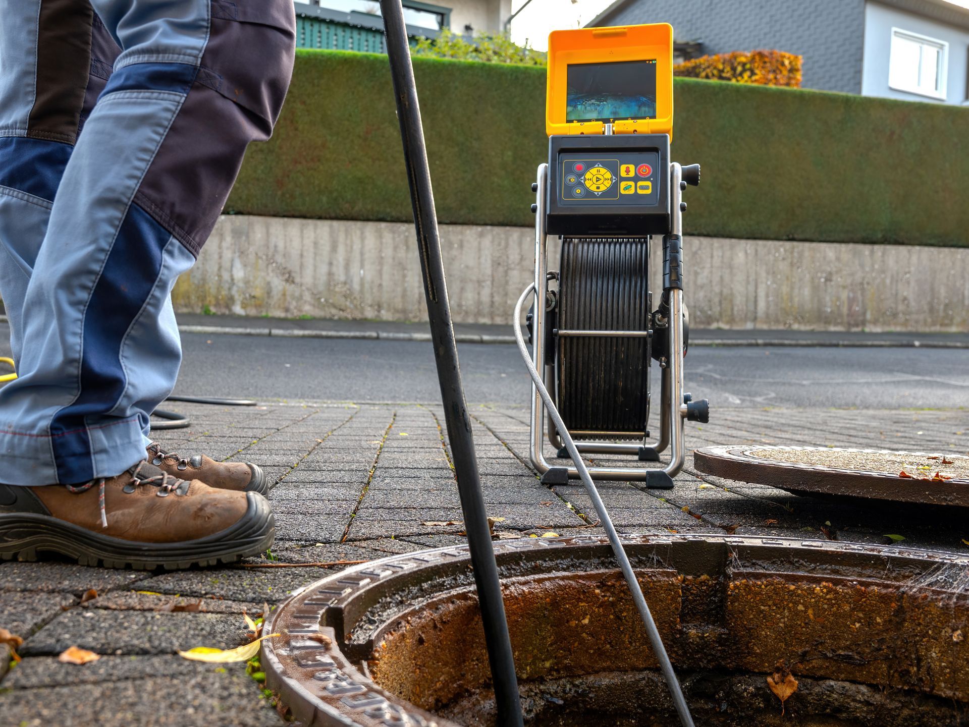 Person using a sewer inspection camera on a city street.