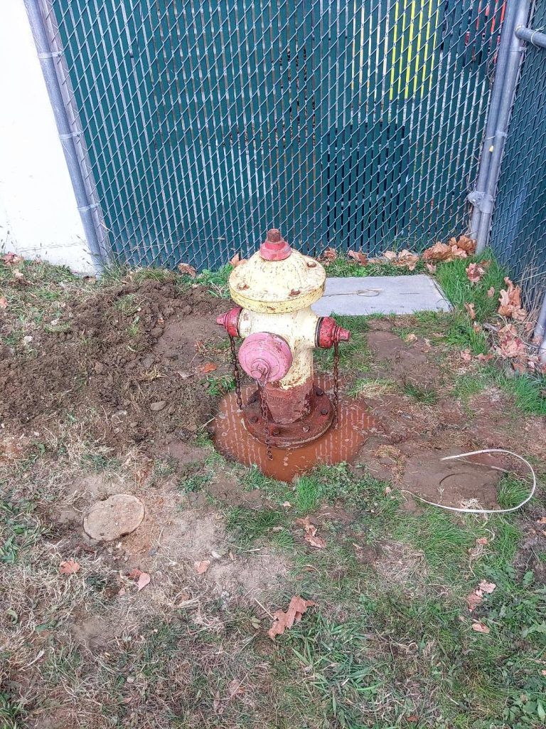 Yellow and red fire hydrant in a grassy area, next to a chain-link fence.