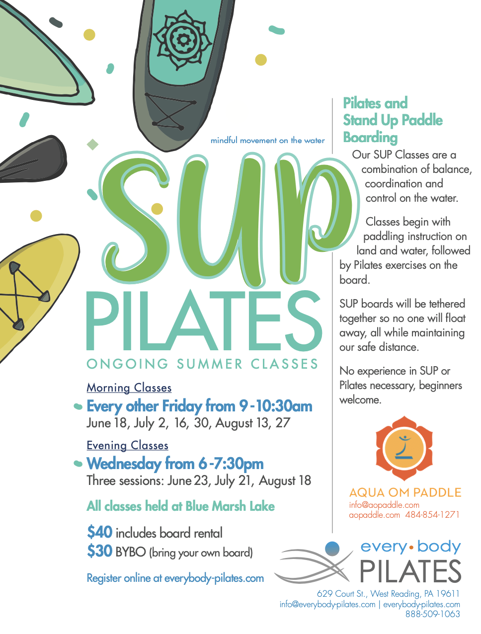 A poster for sup pilates ongoing summer classes.