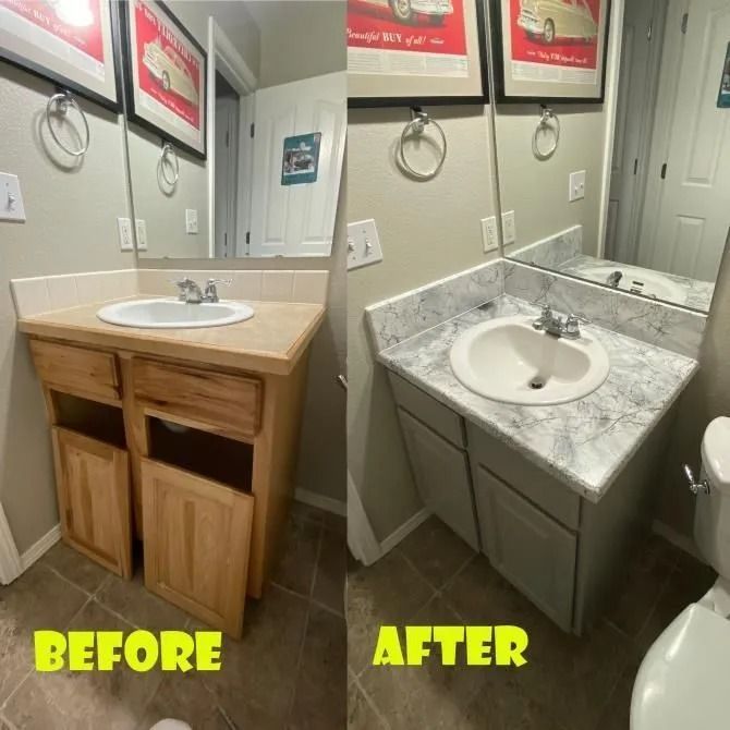 Bathroom vanity before-and-after: old wood cabinet replaced with gray marble countertop and sink.