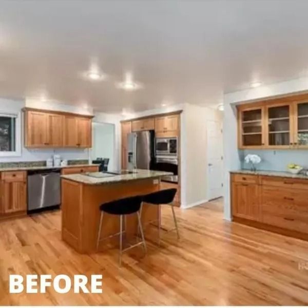 Bright modern kitchen with wood cabinets, island, stainless appliances, and hardwood floors, labeled “BEFORE”