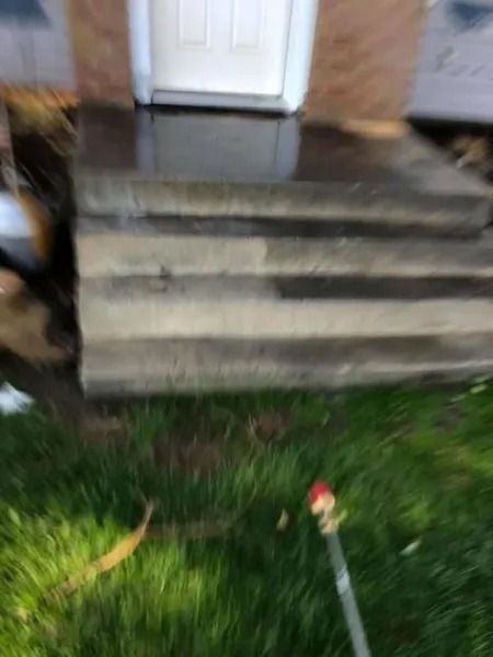 Front steps of a house with a white door and brick walls, overlooking a grassy yard with a small flowerbed.