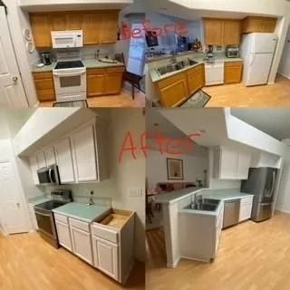 Kitchen before-and-after collage showing outdated and updated cabinetry, countertops, and flooring