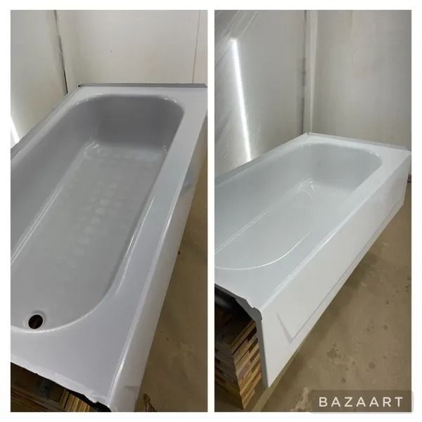 Gray and white bathtub shown from two angles in a bathroom showroom