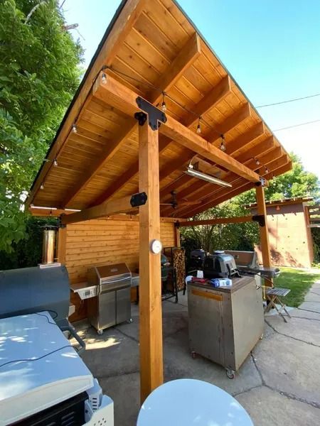 Wooden outdoor patio kitchen under a sloped roof, with grill, counters, and table in a backyard.