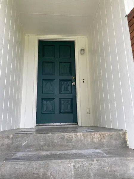 Front porch with white siding, concrete steps, and a dark green front door with a small light fixture.