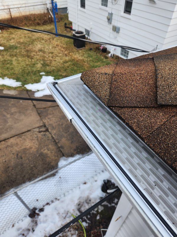 Gutter with grid, holding autumn leaves, on a house exterior.
