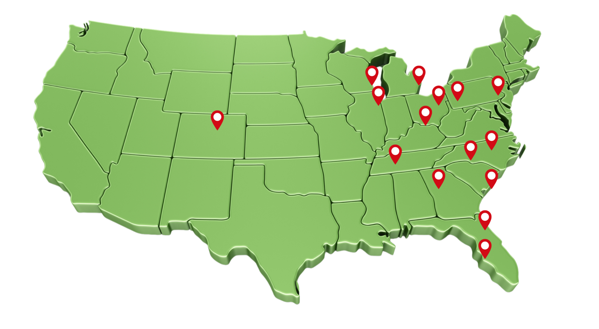 Green map of the United States with red location pins clustered mostly in the eastern half of the country.