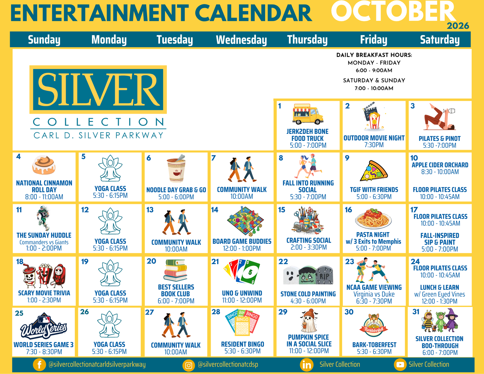 Monthly entertainment calendar with seasonal decorations.