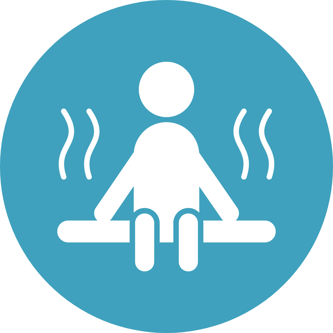 White figure sitting on a bench, surrounded by wavy lines suggesting steam, within a blue circle.