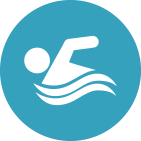 White swimmer in a blue circle, representing swimming.