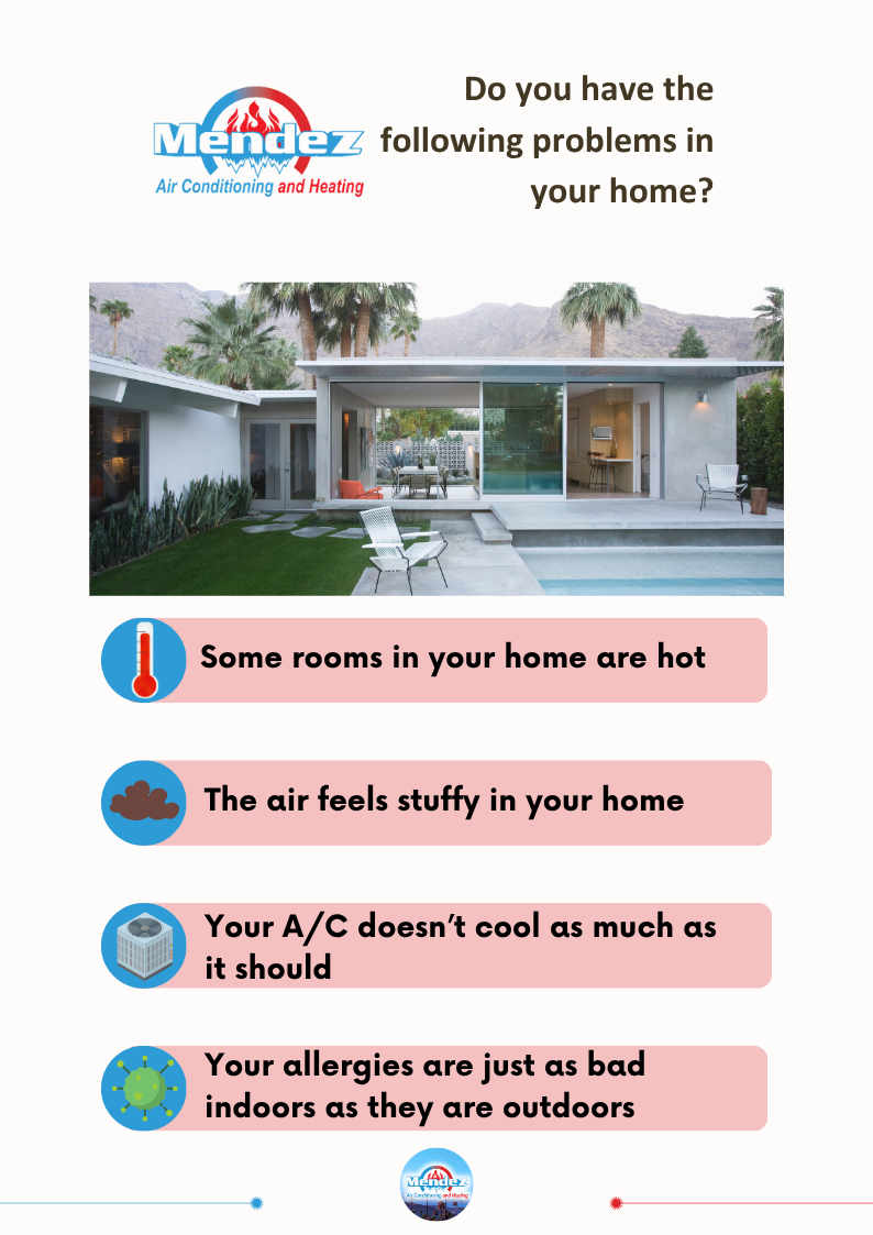 Advertisement for air conditioning services, listing problems such as hot rooms and allergies, with a house photo.