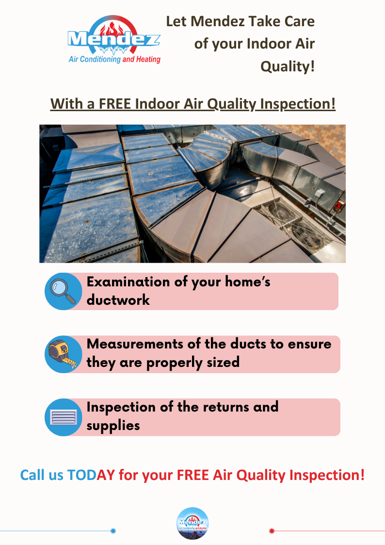 Advertisement for Mendez Air Quality services: inspection of ductwork, measurement, and inspection of returns.