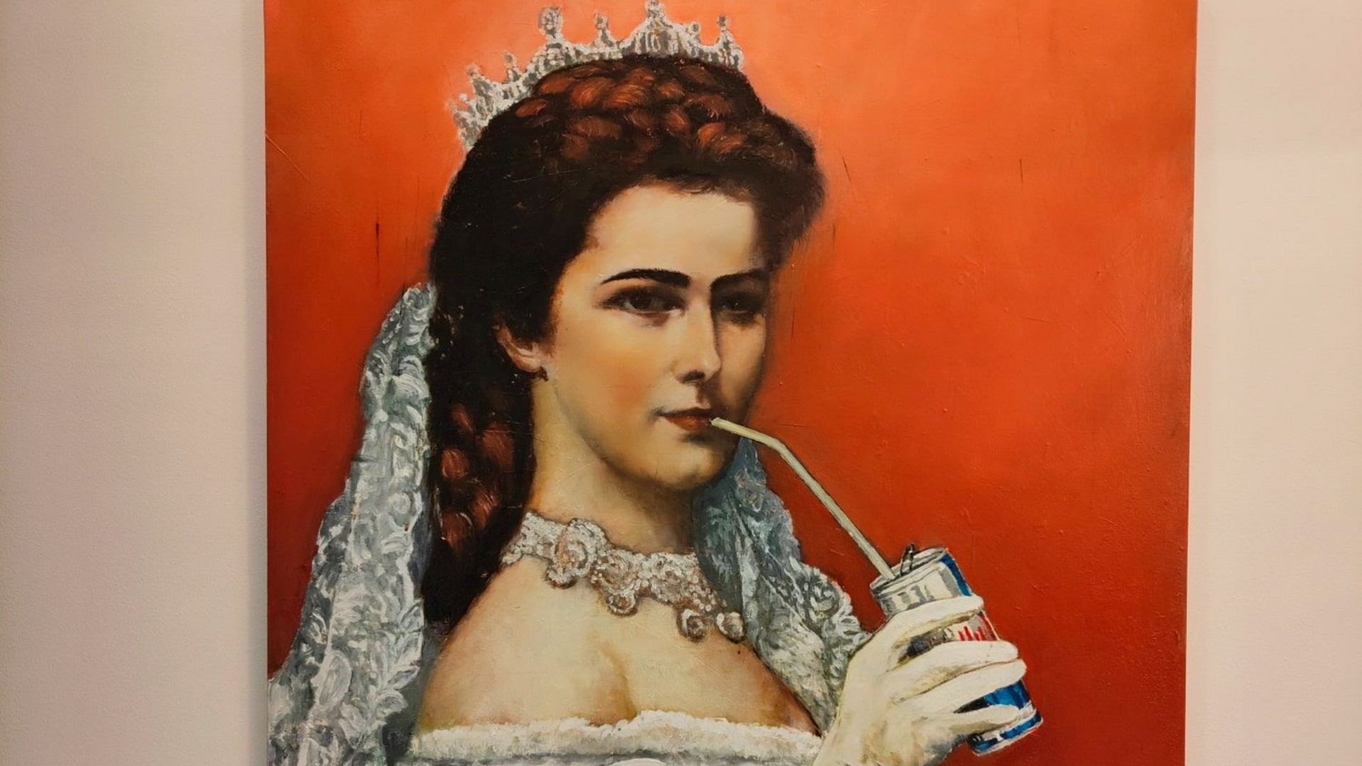 Grand Elisabeth Hotel Painting of a woman in ornate dress and veil, drinking from a can with a straw against a red background.