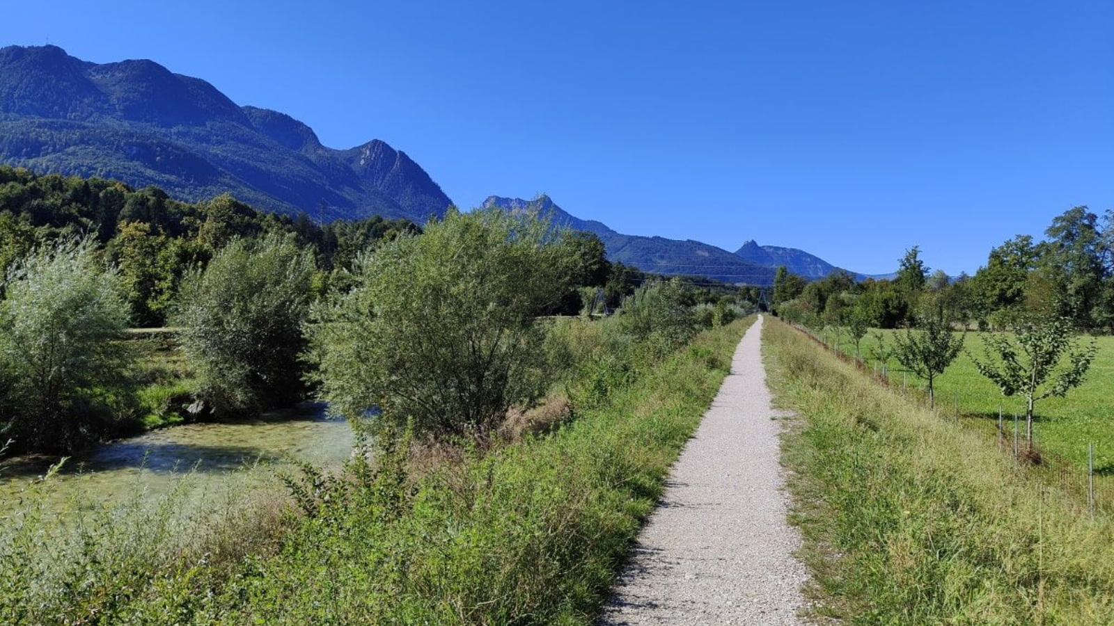 Aussicht Radtour Salzkammergut A gravel path alongside greenery, leading toward mountains under a clear blue sky.