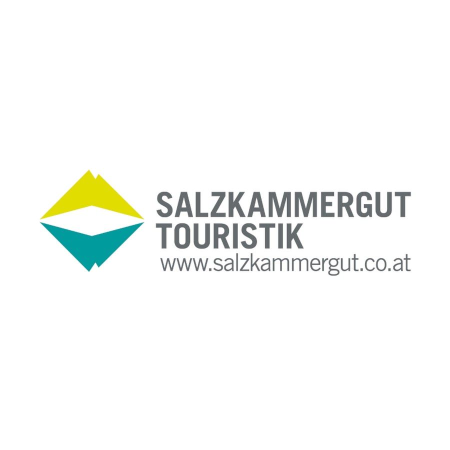 Logo: Geometrische türkisfarbene und gelbe Formen mit dem Text „SALZKAMMERGUT TOURISTIK“ und der Website-Adresse.