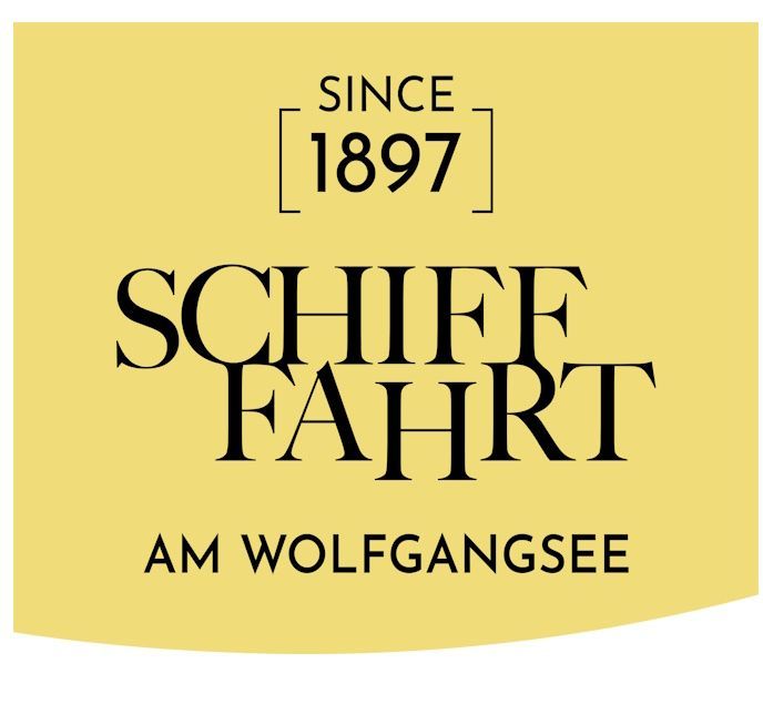 Gelbes Logo mit der Aufschrift „Schifffahrt am Wolfgangsee“ und darüber „Seit 1897“.