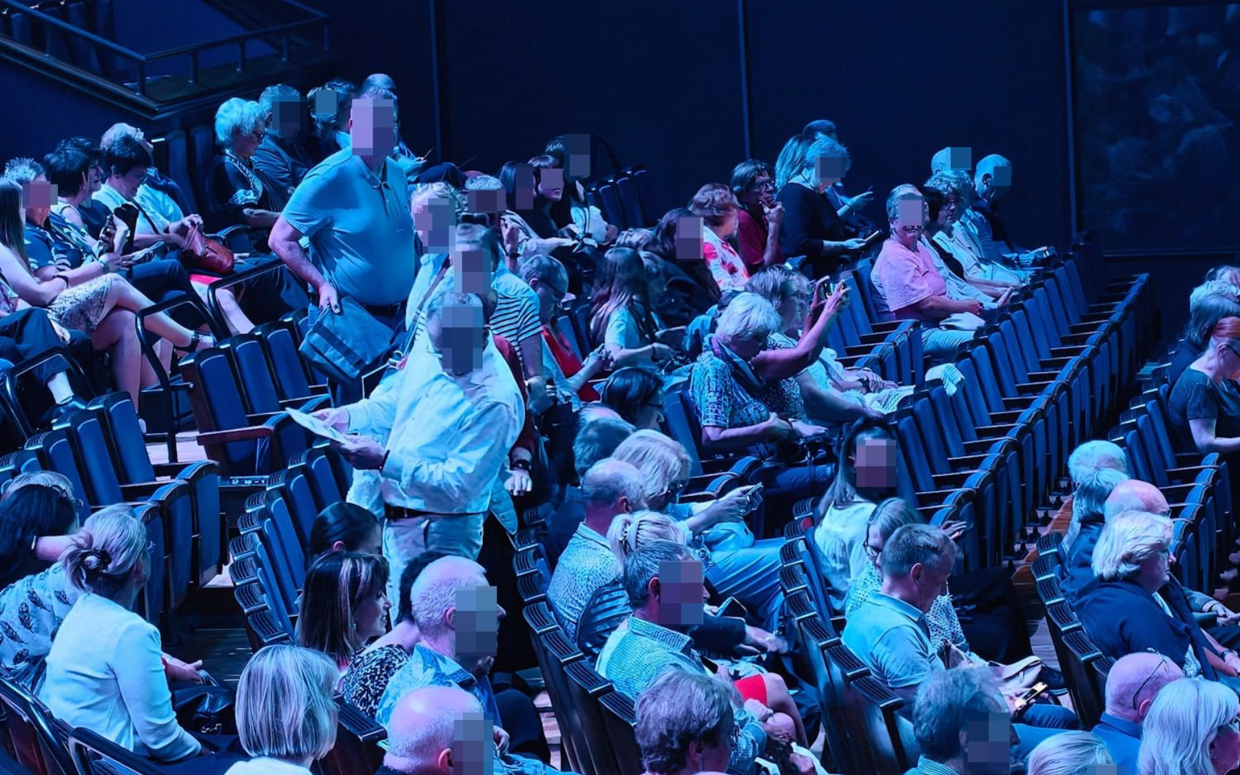Friedrichstadt Palast Saal Audience seated in a dim blue-lit theater, with one person standing among the rows