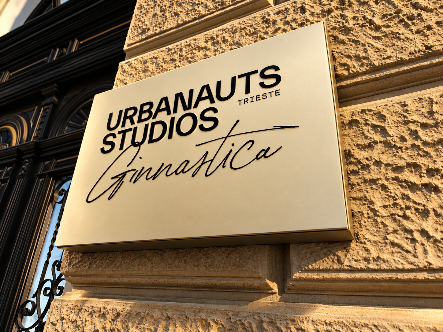 Urbanauts-Studios-Schild an der Mauer eines Steingebäudes mit stilisierten schwarzen Buchstaben und einem Schriftzug als Logo.