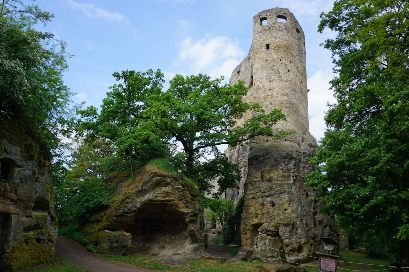 Valecov Burg Ruins of a stone castle tower surrounded by green trees and foliage under a cloudy sky