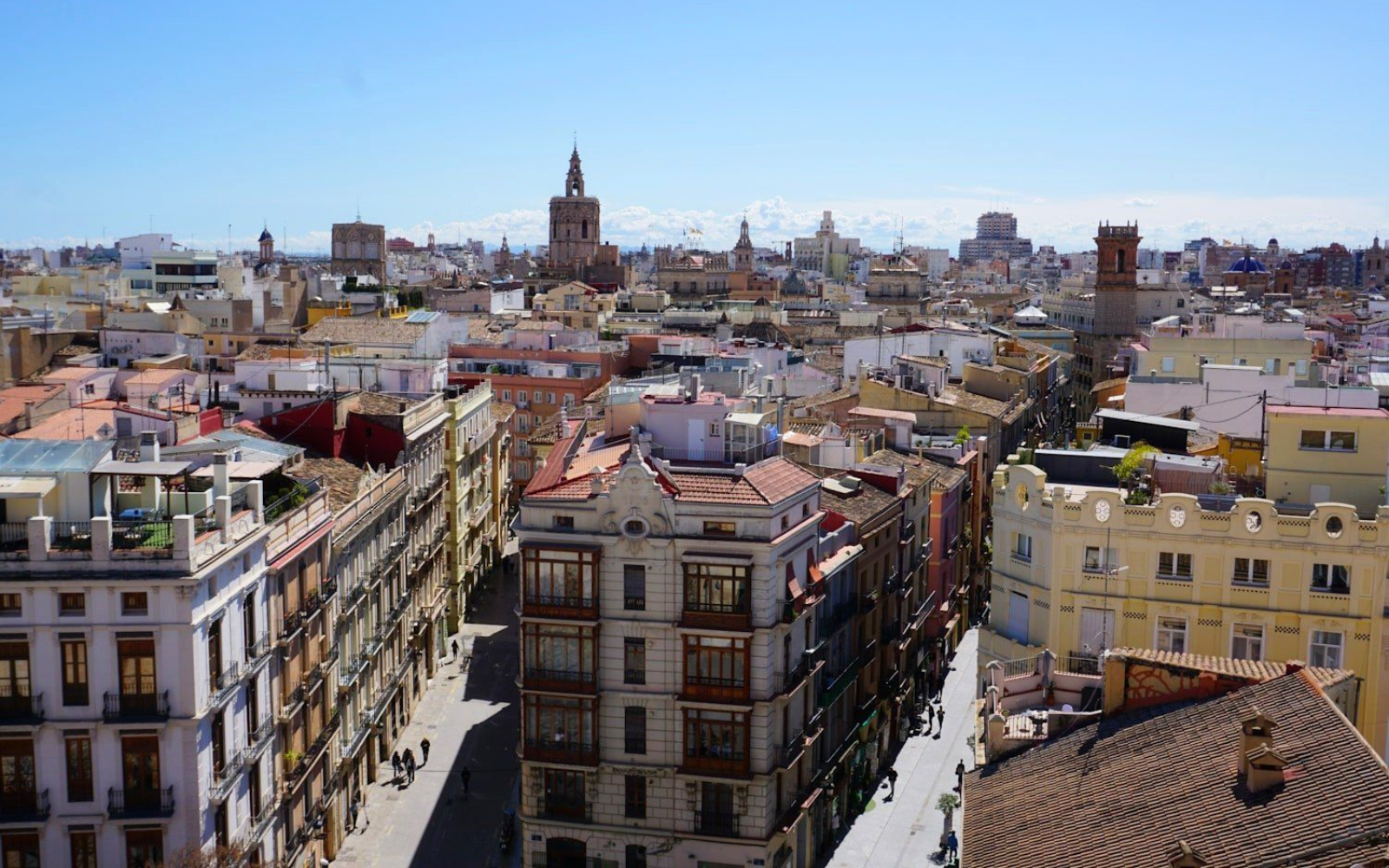 Valencia Cityscape of Valencia, Spain, with buildings and a clear blue sky.