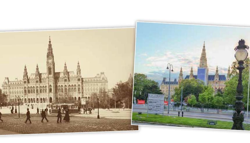 Vergleich zweier Fotos des Wiener Rathauses
