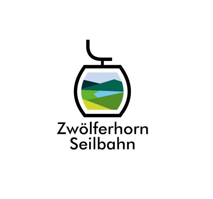 Logo der Zwölferhorn Seilbahn mit Seilbahnsymbol und grüner Berglandschaft