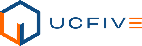 The logo for ucfive is blue and orange and looks like a house.