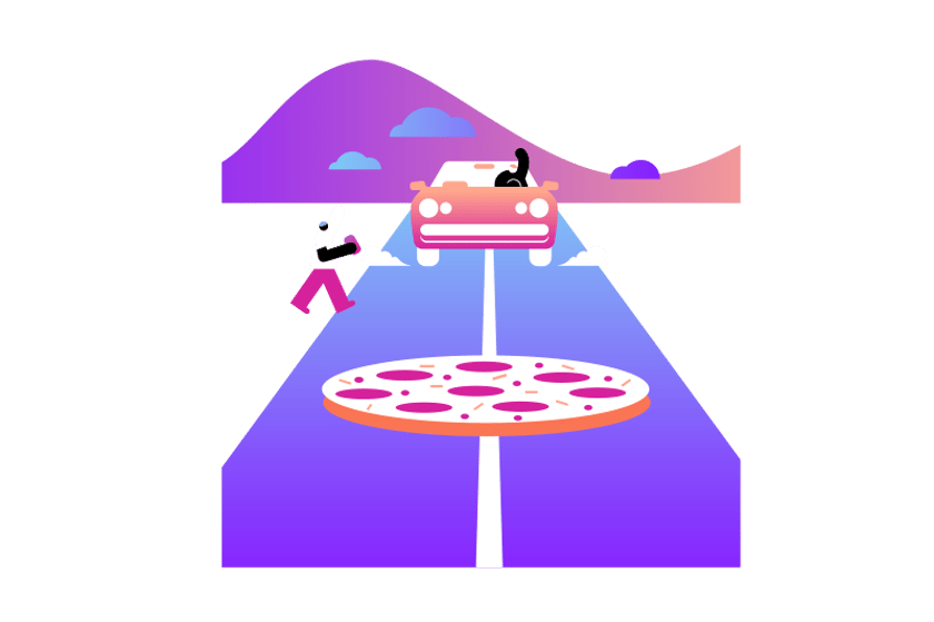 A car is driving down a road next to a pizza on the side of the road.