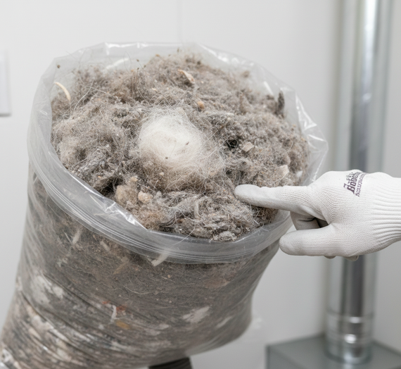 Gloved hand pointing to a clear bag filled with dusty insulation. A metal pipe is visible in the background.