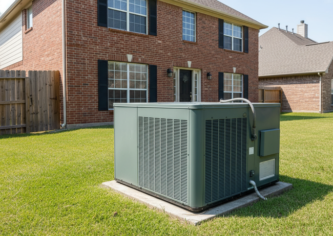 Air conditioner unit outside a two-story brick house with a green lawn and wooden fence.