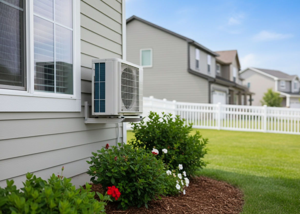 Air conditioning unit on house exterior with landscaping and neighborhood in the background.