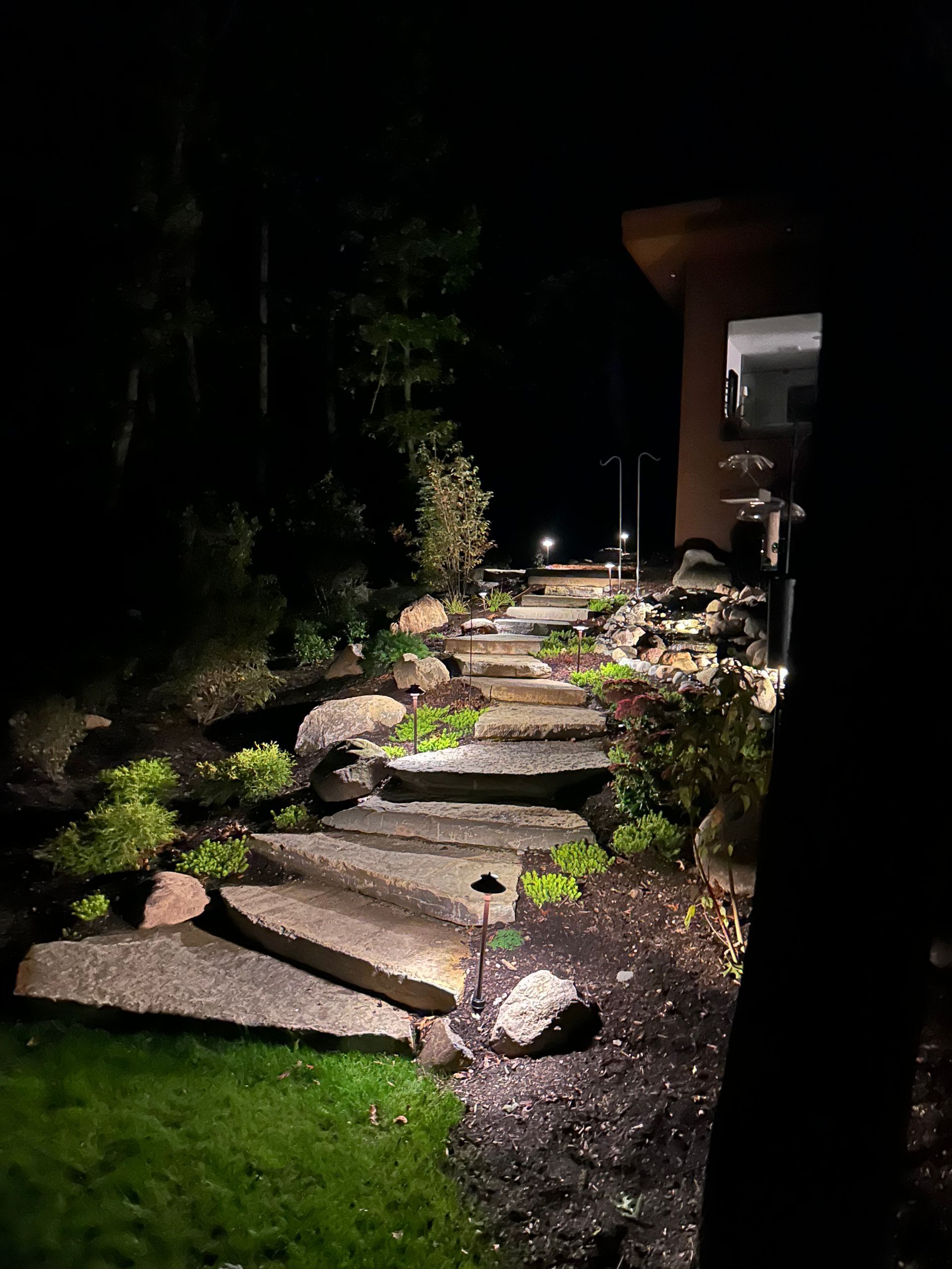 A stone walkway is lit up at night in a backyard.