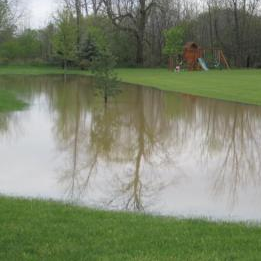 A flooded yard with a swing set and trees reflected in the water.
