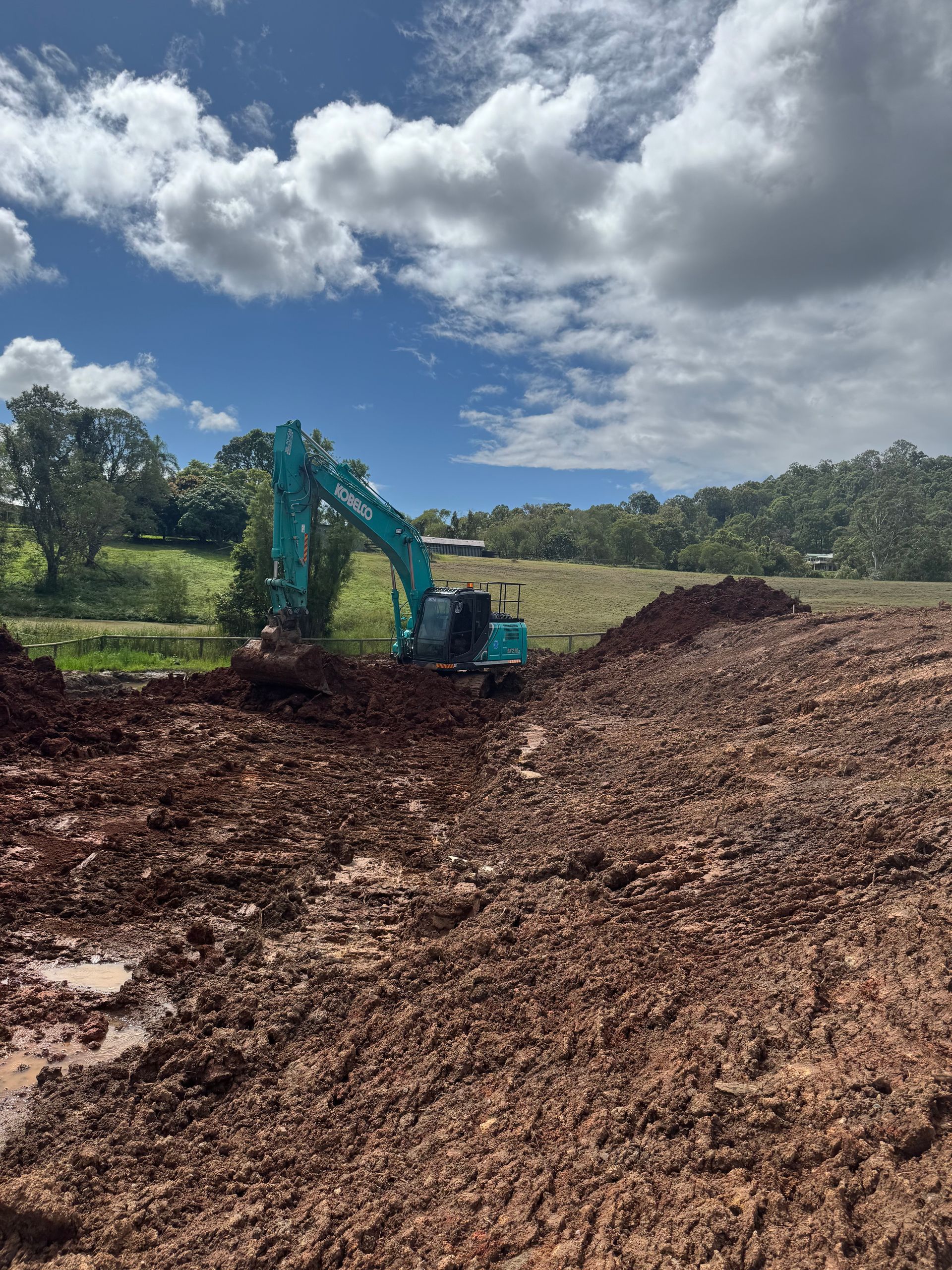 A teal excavator works in a muddy field under a cloudy sky, with trees in the background.