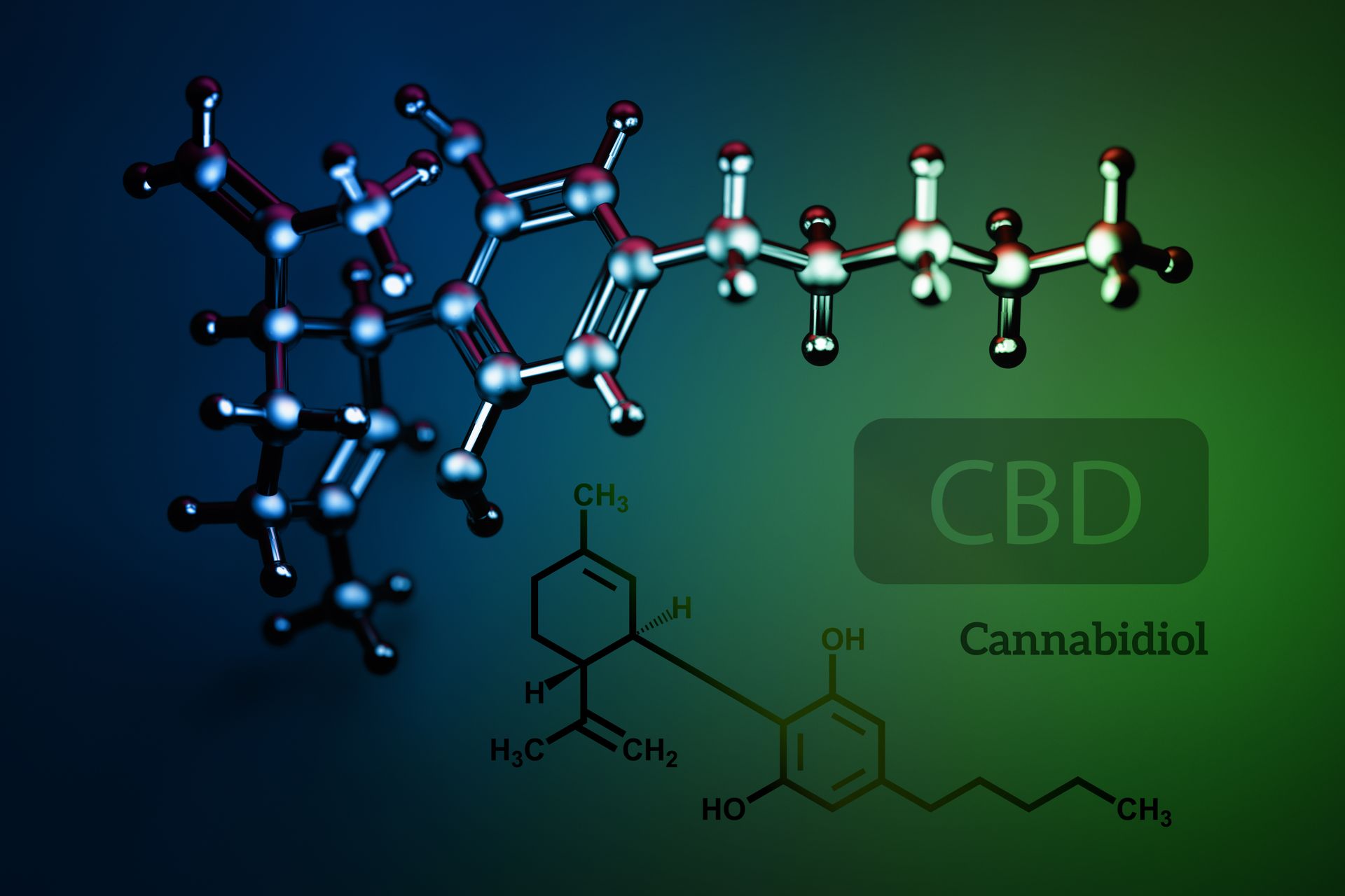 The chemical structure of cannabidiol is shown on a blue and green background.
