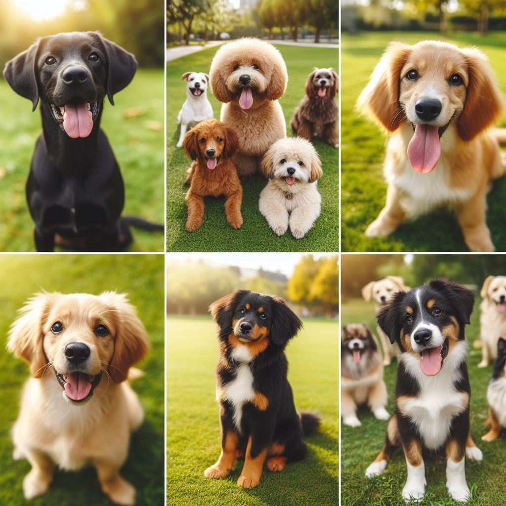 A collage of six pictures of different breeds of dogs