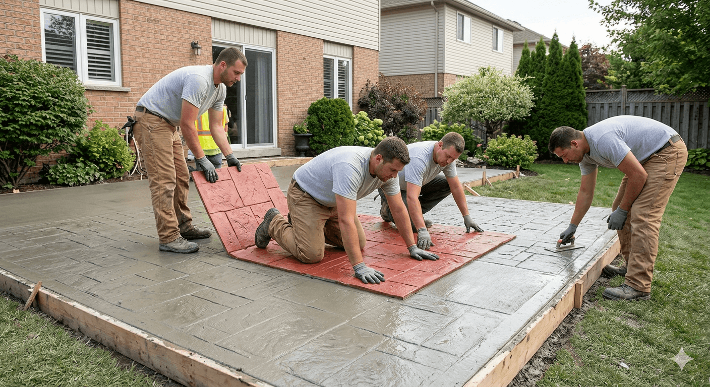 A gloved hand uses a trowel to smooth wet concrete along a brick border outdoors.