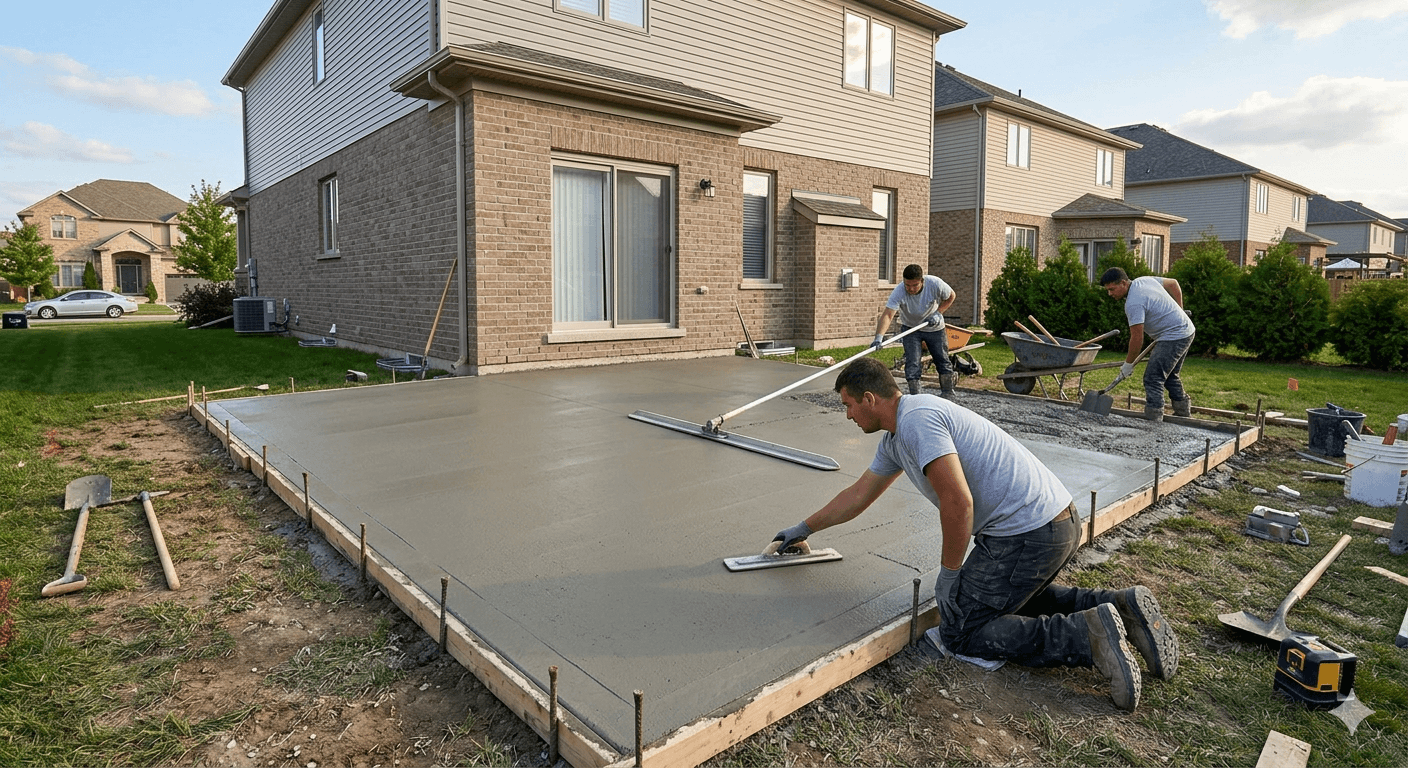 A gloved hand uses a trowel to smooth wet concrete along a brick border outdoors.
