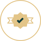 Gold award badge with a teal checkmark inside a circular border.