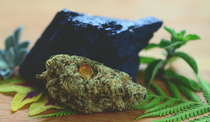 Cannabis buds on a wooden surface with green leaves and a dark rock in the background