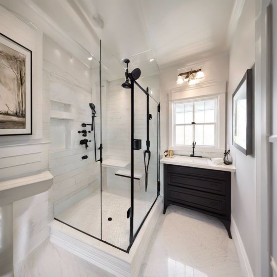 A bathroom with a walk in shower and a sink