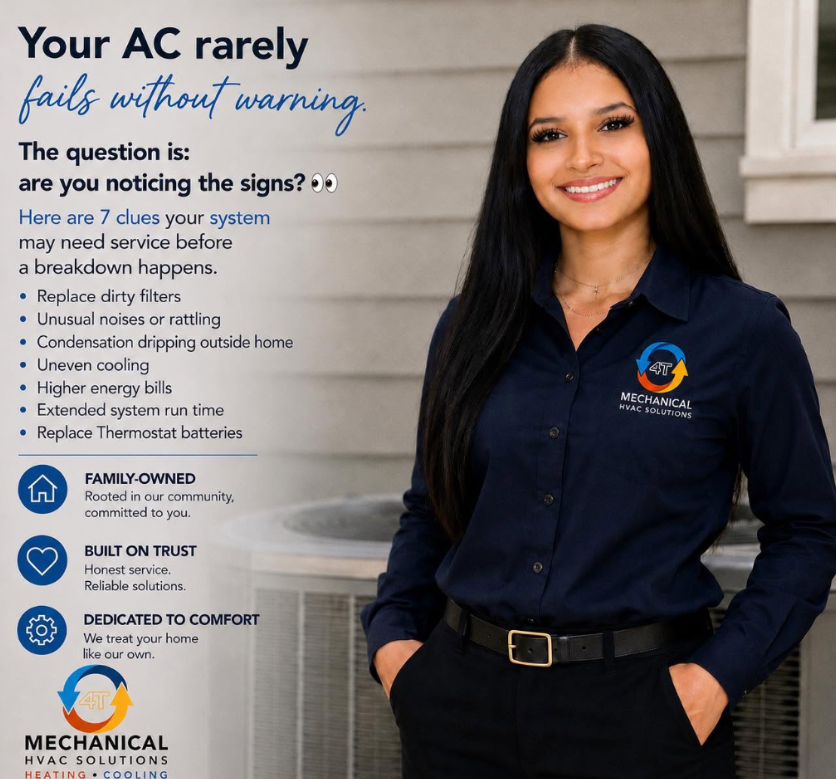 HVAC service ad with smiling technician beside text about signs your AC needs repair
