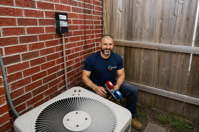 Technician installing a smart thermostat on a wall in a home interior