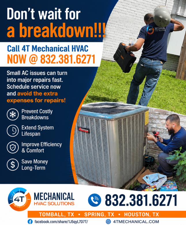 AC Mechanical HVAC ad with technician inspecting outdoor unit, blue-orange text, phone number, and logo