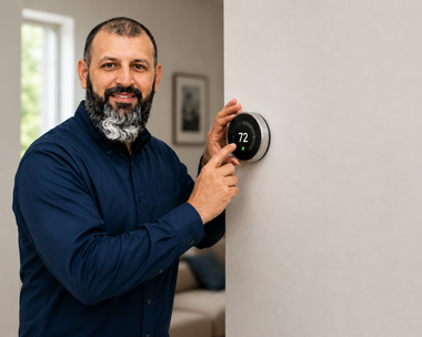 Man adjusting a smart thermostat on a wall in a home interior