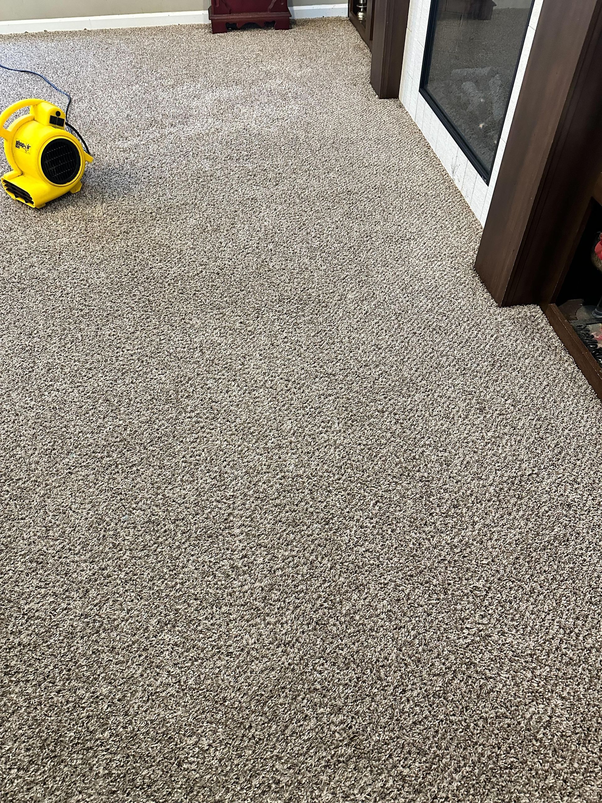 A yellow fan is sitting on a carpeted floor in a living room.