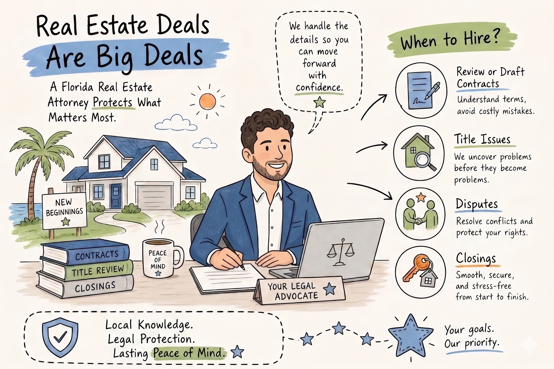 Illustration of a Florida real estate attorney helping with contracts, title issues, disputes, and c