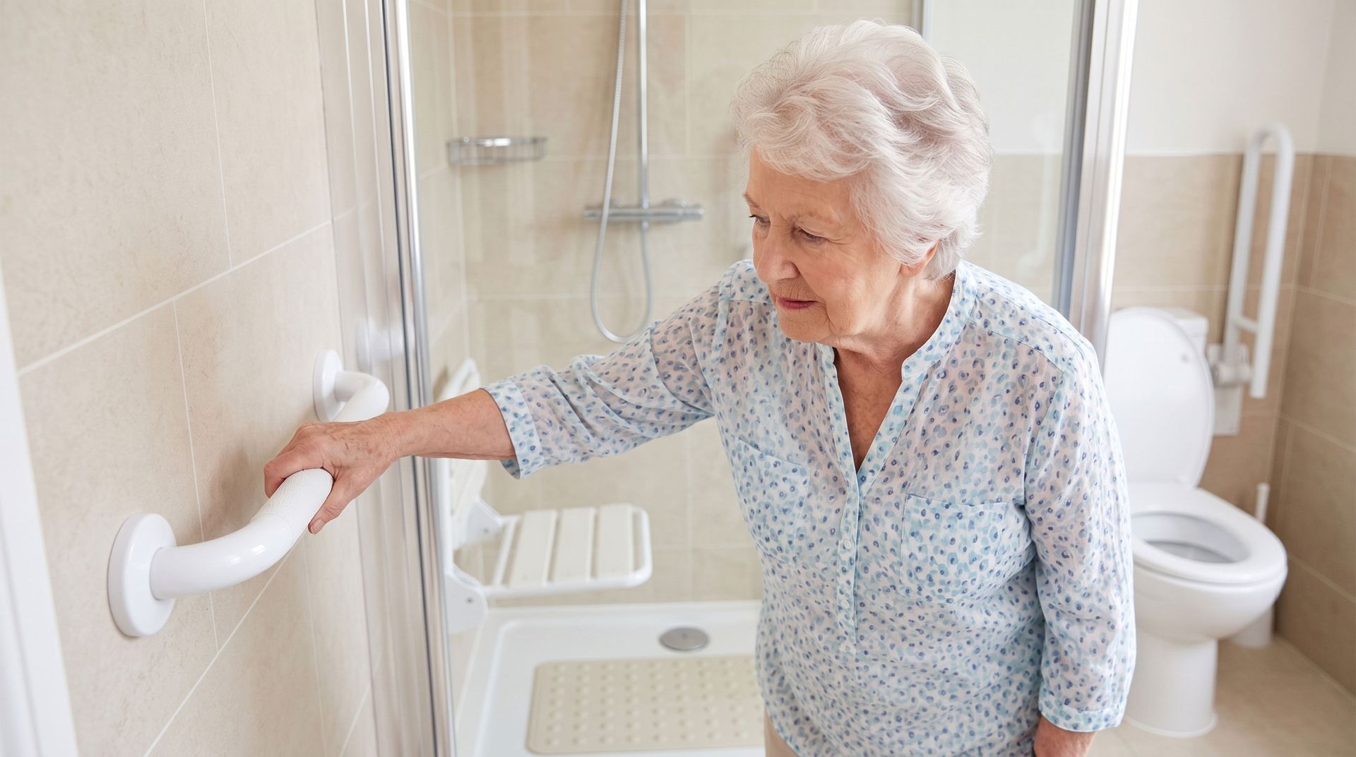 Elderly woman gripping a shower grab bar in a bathroom, near a toilet and shower chair.