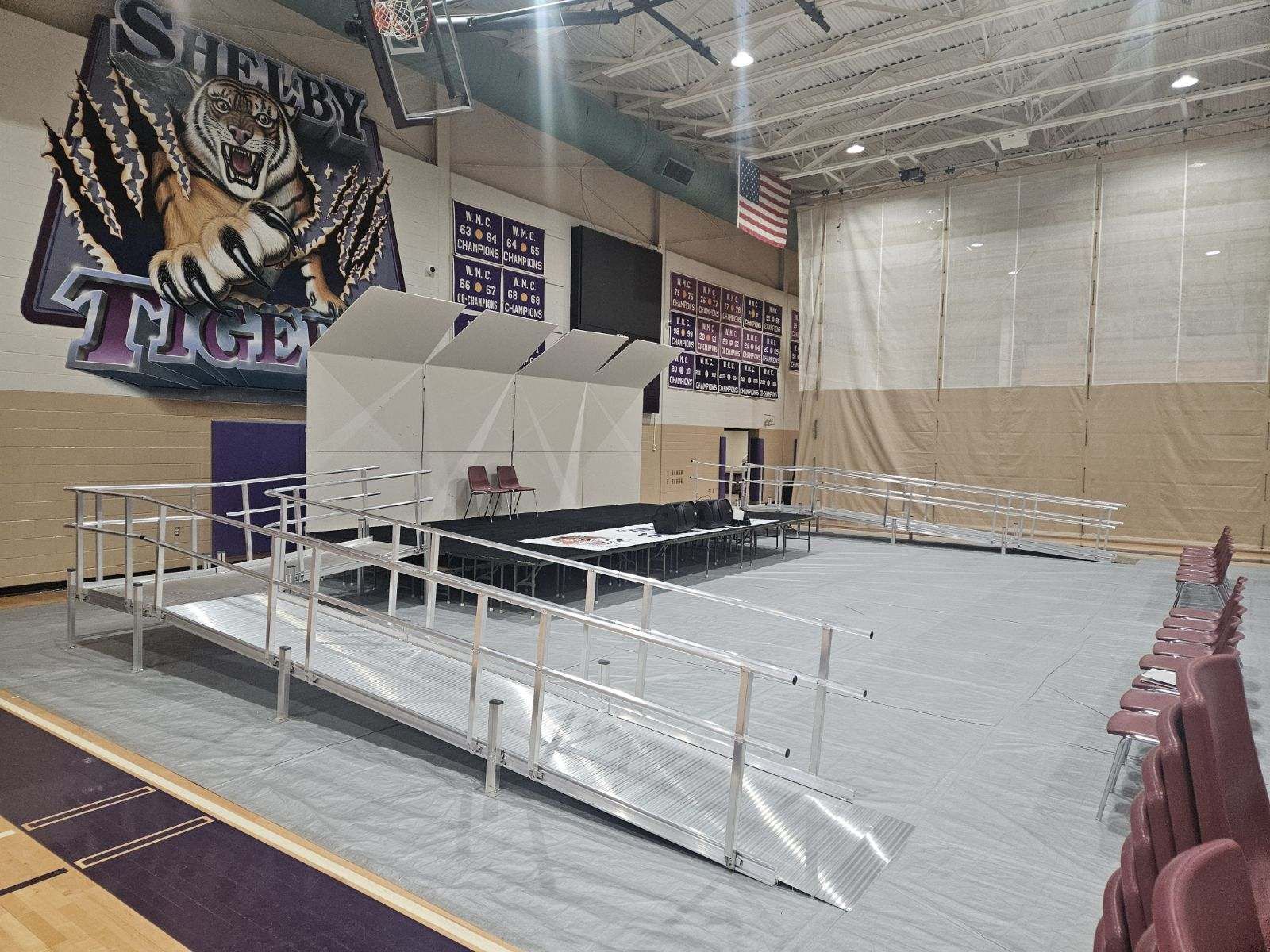 There is a ramp in the middle of the gym.